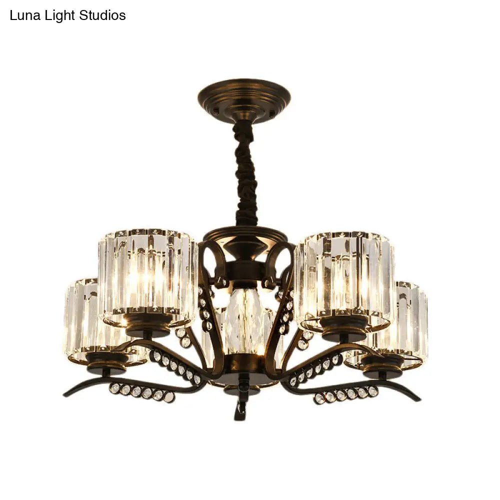 Vintage Style Black Crystal Drum Chandelier - 3/5 Head Suspension Lamp For Dining Room