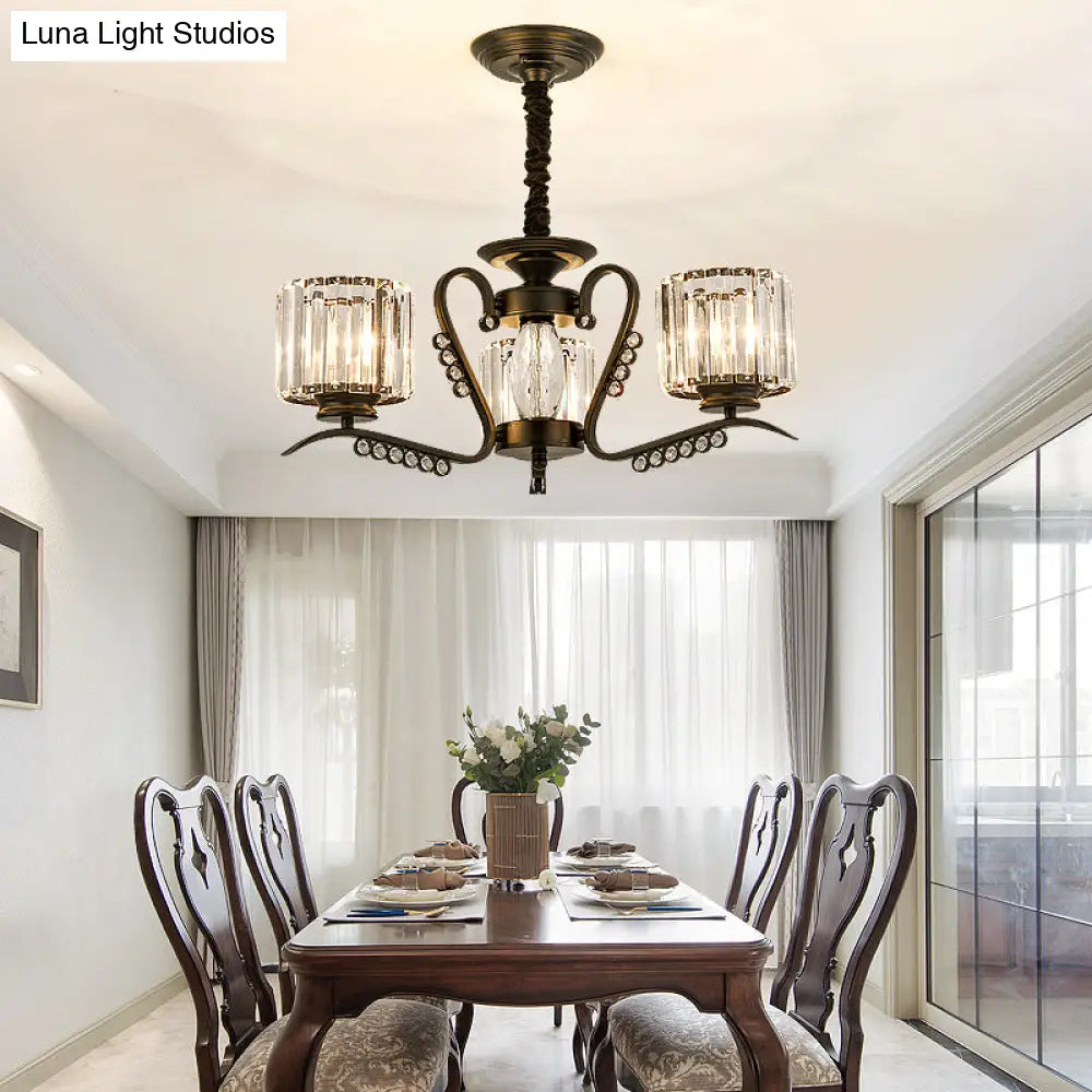 Vintage Style Black Crystal Drum Chandelier - 3/5 Head Suspension Lamp For Dining Room