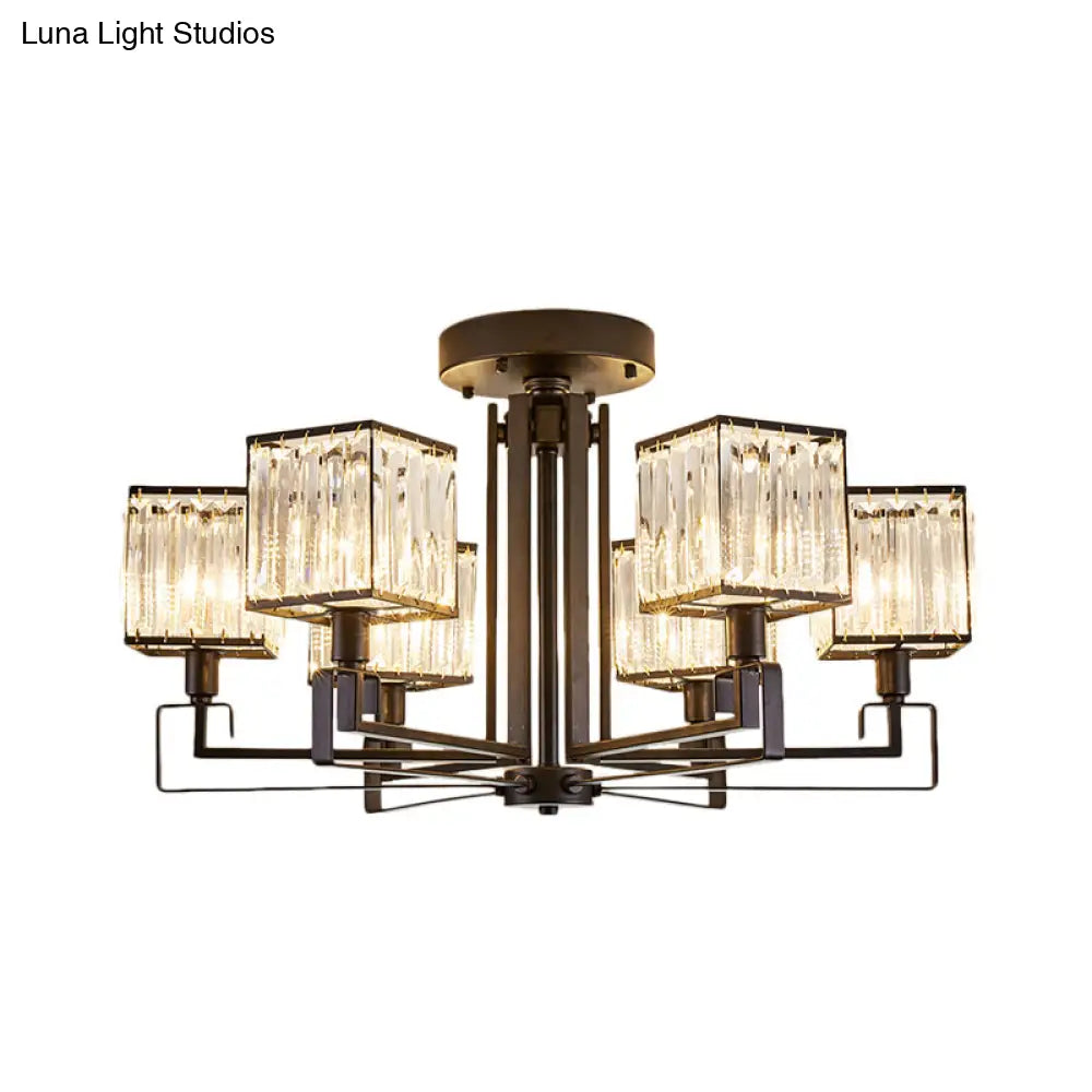 Vintage Style Black Square Metal Ceiling Light Fixture With Crystal Prism - 4/6/8 Lights Ideal For