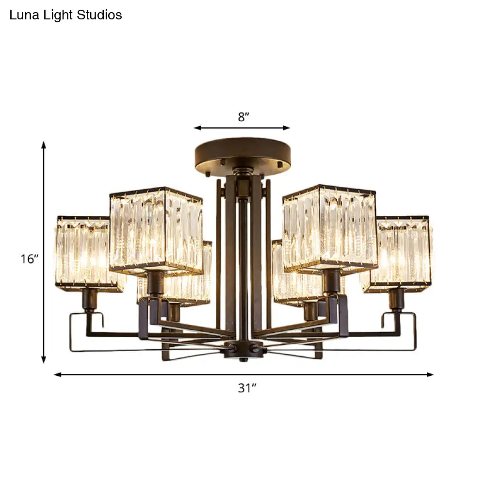 Vintage Style Black Square Metal Ceiling Light Fixture With Crystal Prism - 4/6/8 Lights Ideal For