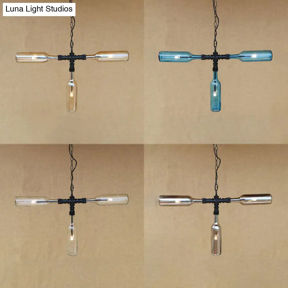 Vintage Style Chandelier Lamp With 3 Glass Shades In Smoke Grey/Blue For Bar Lighting