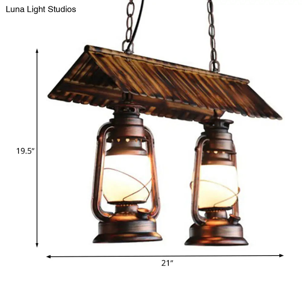 Vintage Style Kerosene Island Light Chandelier With 2 Dark Brown Metal Pendant Lights For Kitchen