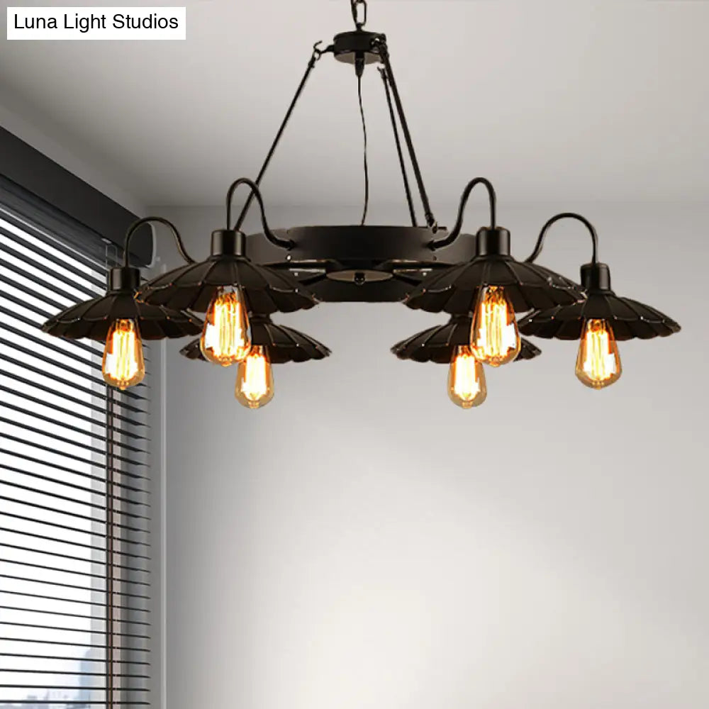 Vintage Style Restaurant Chandelier - 6 Head Down/Up Light With Scalloped Shade In Black