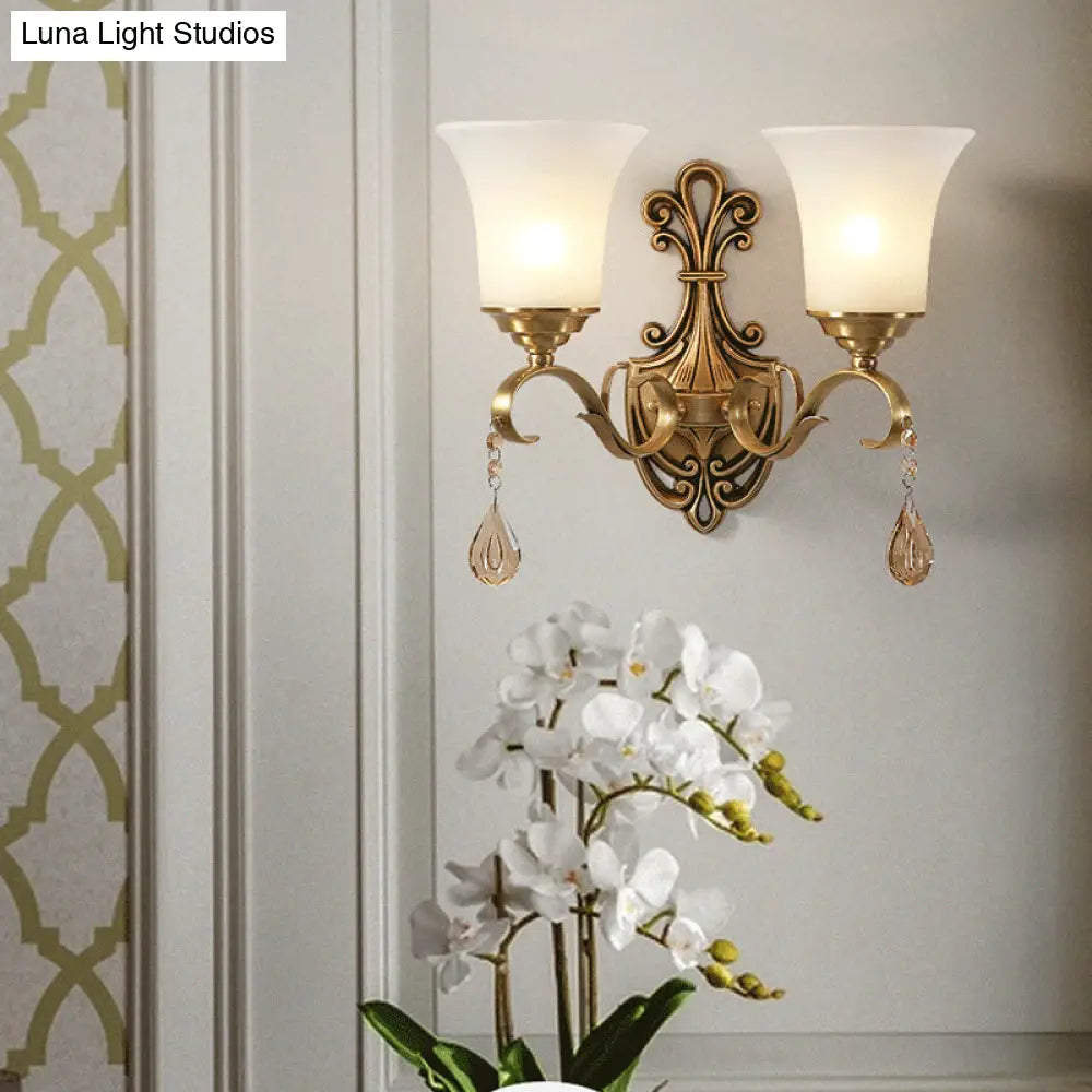 Vintage-Style White Glass Bell Wall Sconce Light With Brass Finish And Crystal Accent For Bedroom