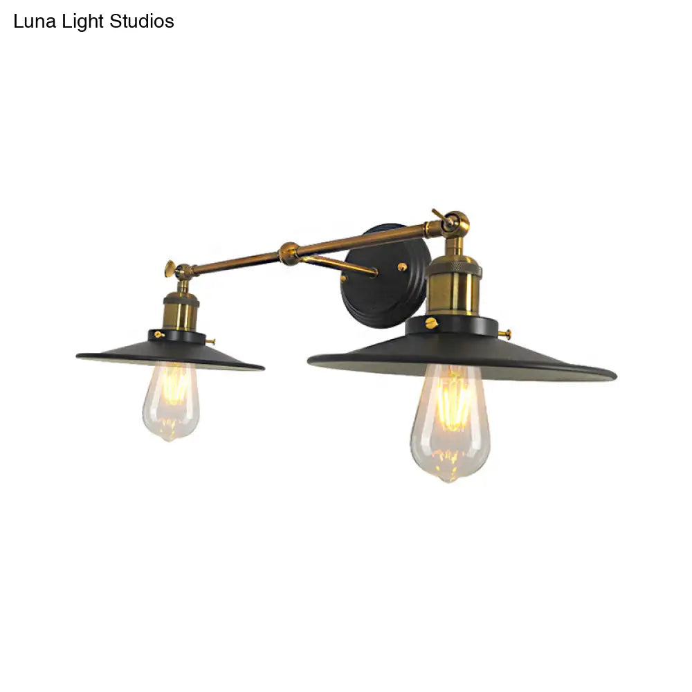 Vintage Wall Mounted Sconce With Flare Metal Shade In Black And Brass - 2 Bulb Light For Restaurants