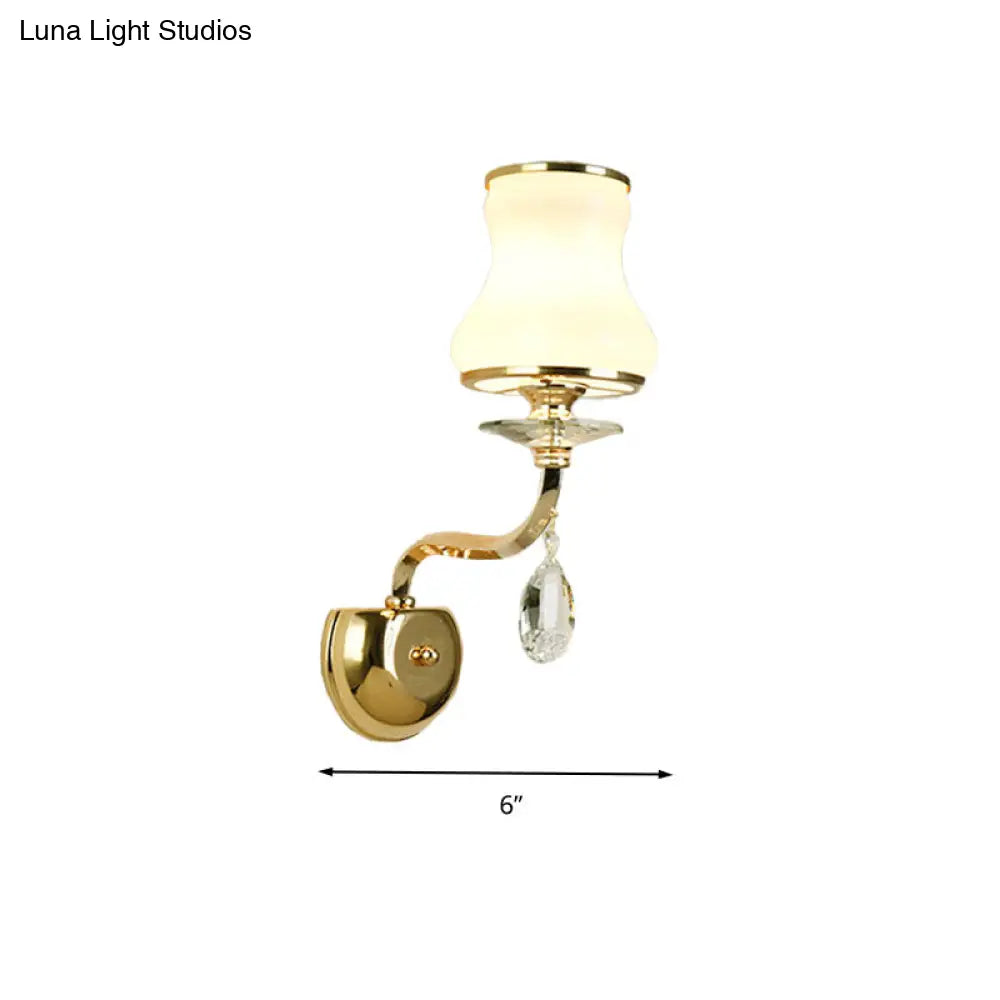 Vintage White Glass Bell Wall Lamp With Crystal Accent And Led Lighting For Living Room (1/2 Heads)