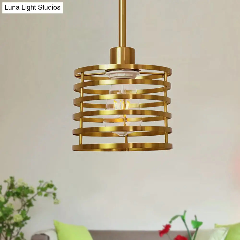 Vintage Wire Cage Hanging Lamp: Metallic Pendant Light With Cylindrical Black/Brass Shade