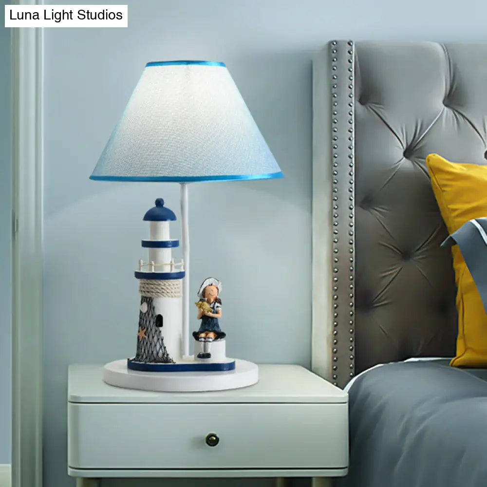 Whimsical Lighthouse Table Lamp - Boy/Girl Cartoon Resin Night Stand Light (White/Blue 1 Light)