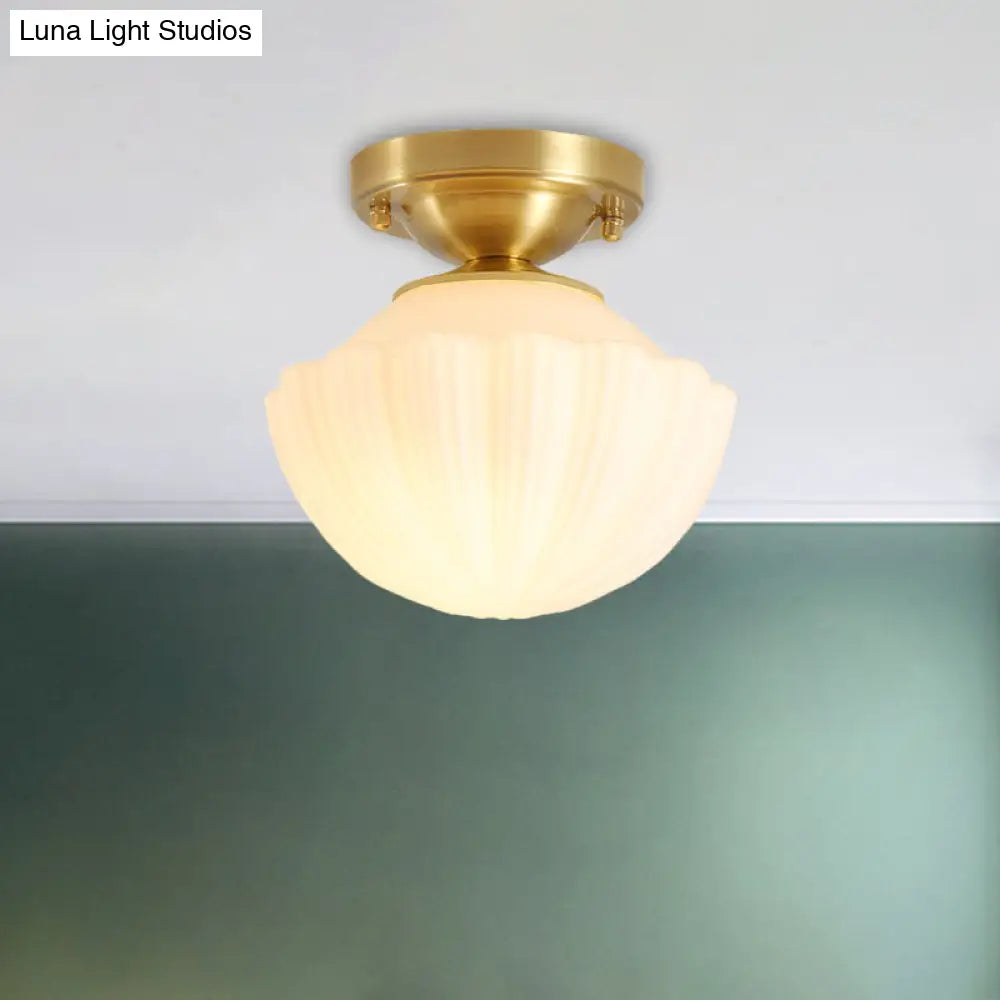 White Glass Brass Flush Lamp - Scalloped/Shell/Trapezoid Design 1 - Light Cottage Ceiling Mount For