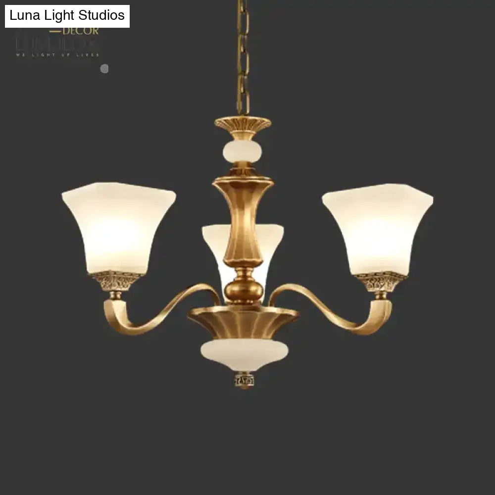 White Glass Pagoda Up Chandelier Traditional 3/6-Head Bedroom Hanging Pendant Light In Brass