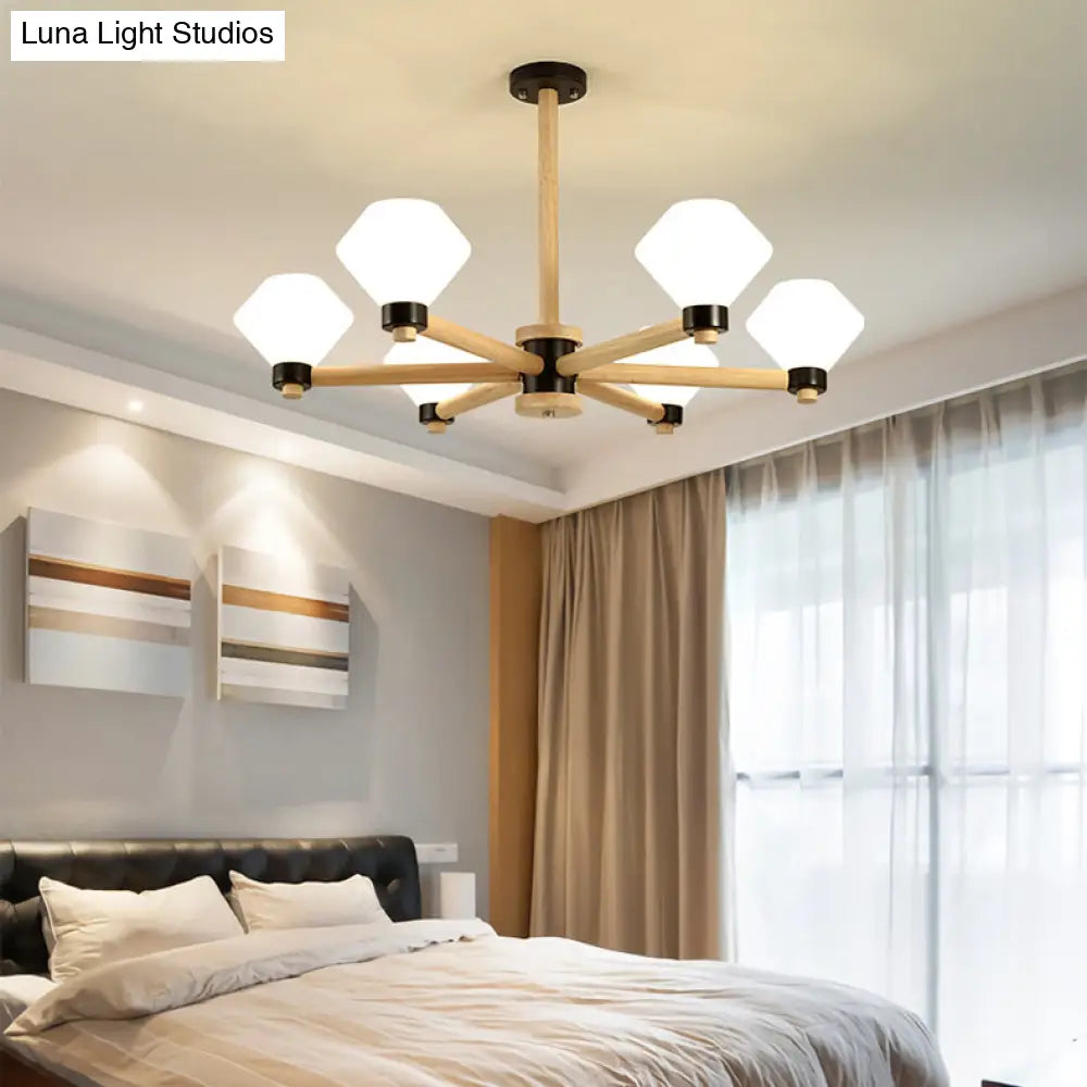 White Glass Urn Pendant Light - 6-Light Nordic Wood Hanging Lamp For Living Room