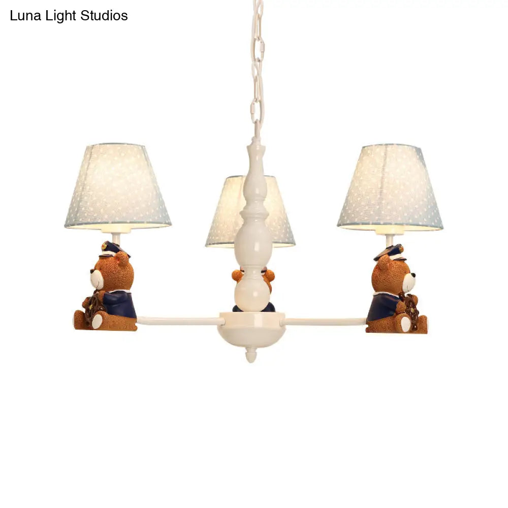 White Resin Bear Ceiling Lighting Chandelier With Fabric Shade - Cartoon-Inspired Light Fixture