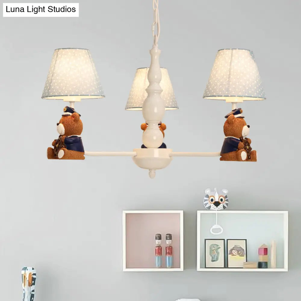 White Resin Bear Ceiling Lighting Chandelier With Fabric Shade - Cartoon-Inspired Light Fixture