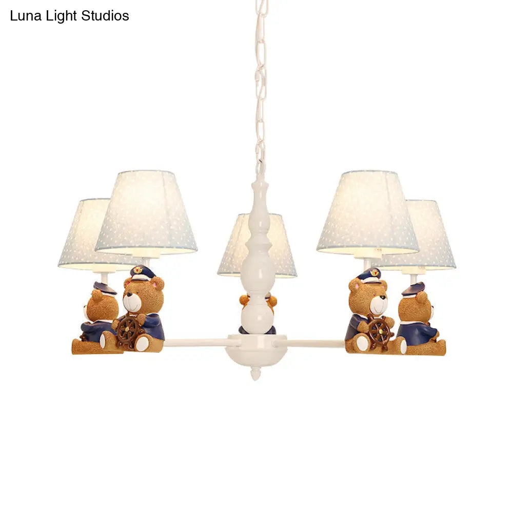 White Resin Bear Ceiling Lighting Chandelier With Fabric Shade - Cartoon-Inspired Light Fixture
