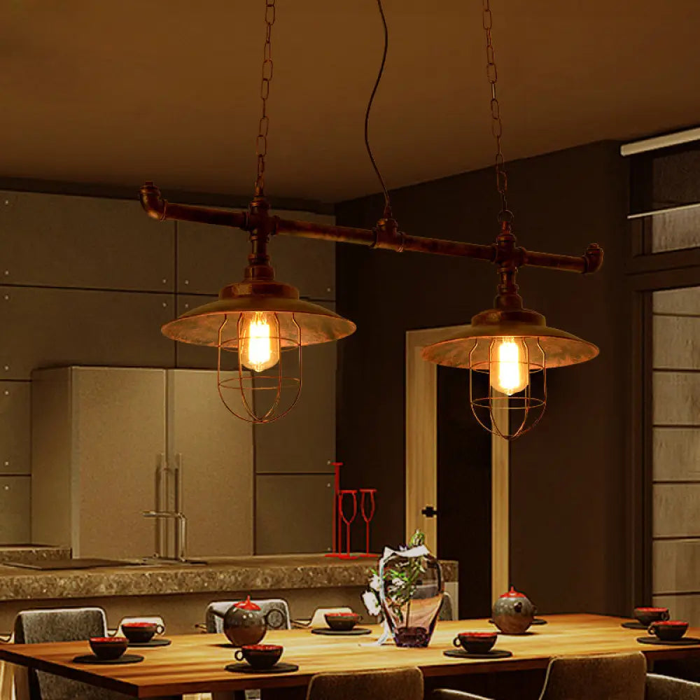 Wire Guard Hanging Light With Pipe Design - 2-Light Weathered Copper Iron Island Lighting
Note: