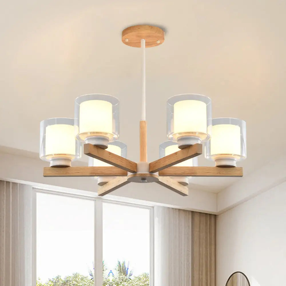 Wooden Hanging Chandelier With Double Glass Cylinder Shade - 3/6 Light Ceiling Lamp For Living Room