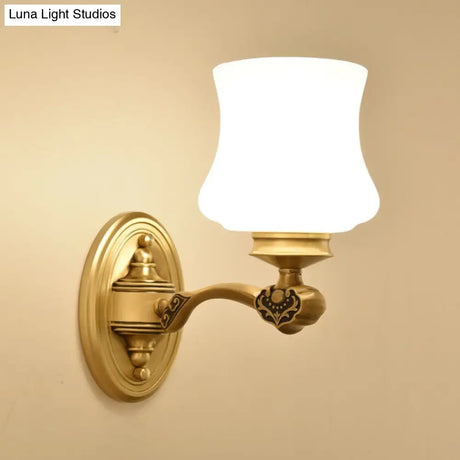 1/2-Head Vintage Brass Wall Mount Sconce Lamp With White Glass Bell Shade Retro Lighting For Living