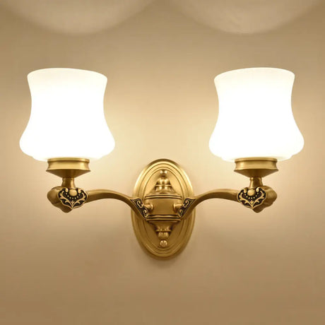 1/2-Head Vintage Brass Wall Mount Sconce Lamp With White Glass Bell Shade Retro Lighting For Living
