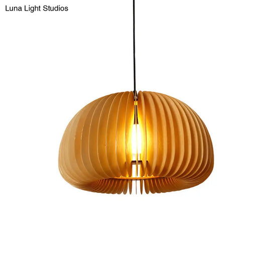 Wooden Asian Dome Ceiling Hanging Light For Restaurants - Stylish 1-Bulb Fixture