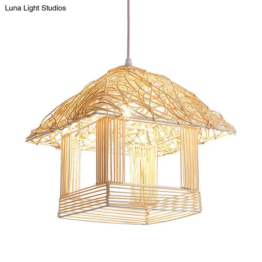 1-Bulb Asian Pendant Light With Bamboo Shade - Beige House Suspended Fixture