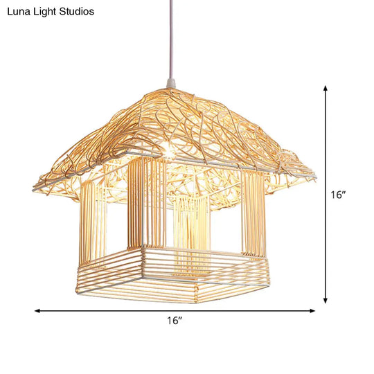 1-Bulb Asian Pendant Light With Bamboo Shade - Beige House Suspended Fixture
