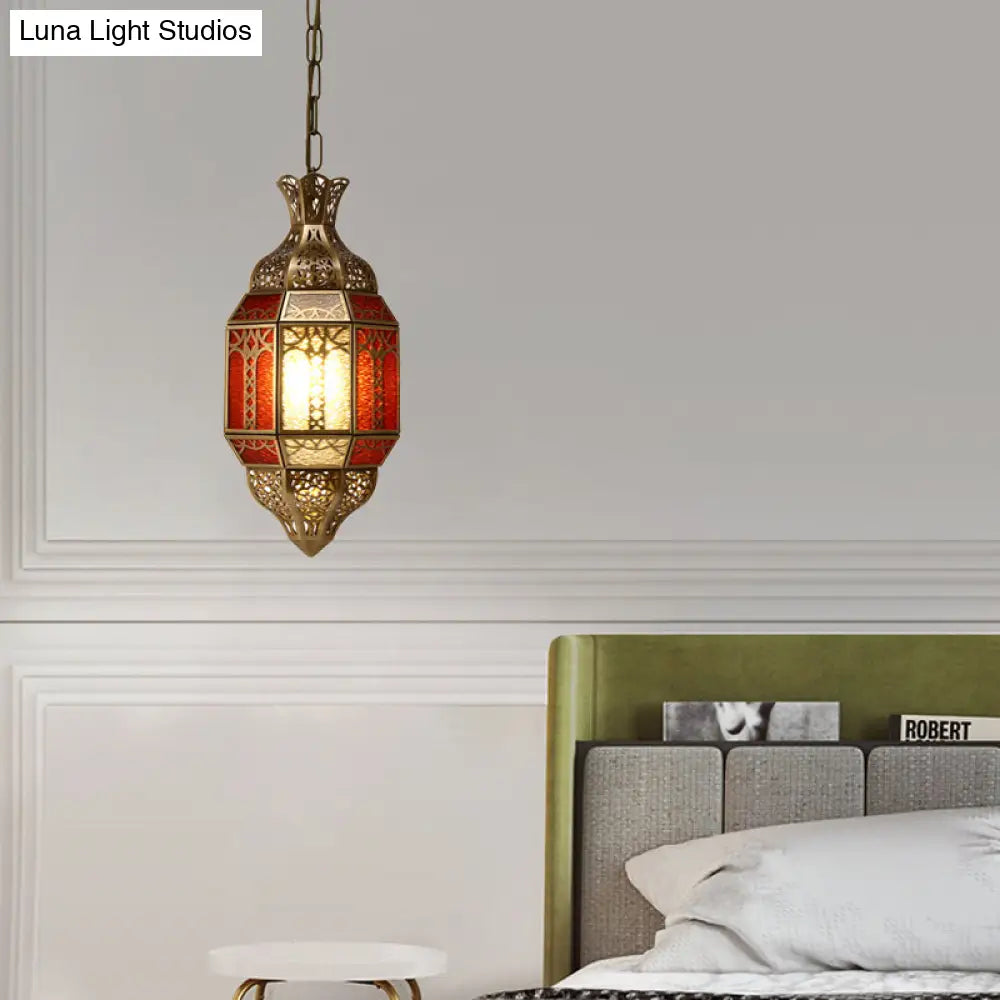 1-Bulb Brass Suspension Lamp - Arab Metal Lantern Ceiling Fixture For Restaurants