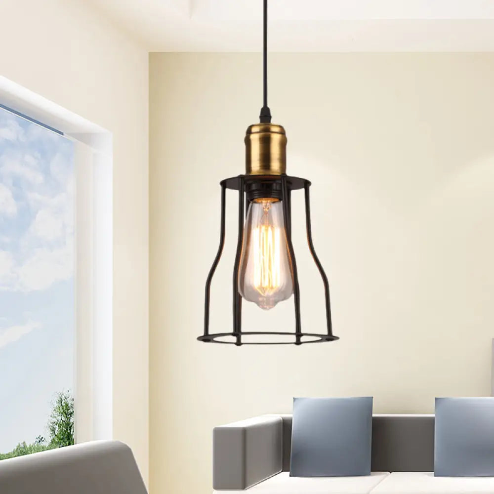 1-Bulb Bronze/Brass Suspended Metal Pendant Lamp - Mini Industrial Wire Cage Light For Living Room