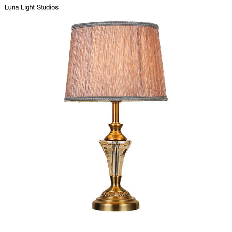 1-Bulb Gold Barrel Nightstand Lamp With Fabric Shade - Contemporary Reading Light