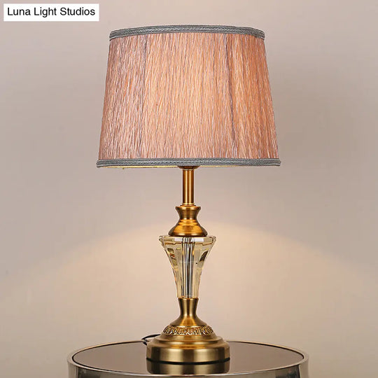 1-Bulb Gold Barrel Nightstand Lamp With Fabric Shade - Contemporary Reading Light