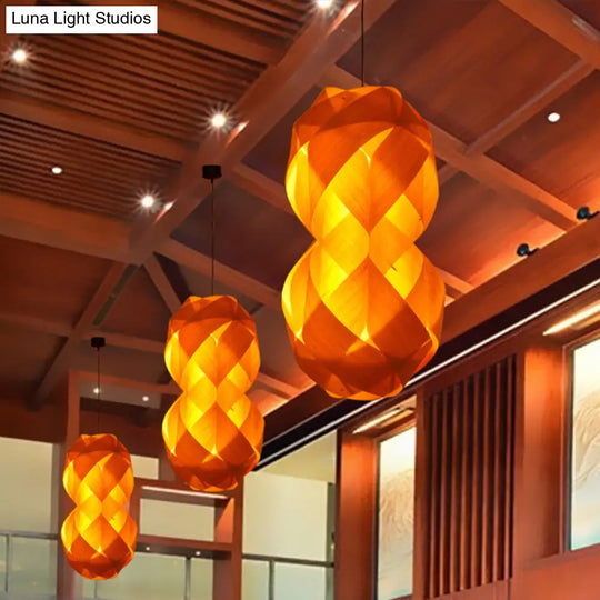 1 Bulb Hand Woven Beige Pendant Light - Chinese Wood Suspended Fixture