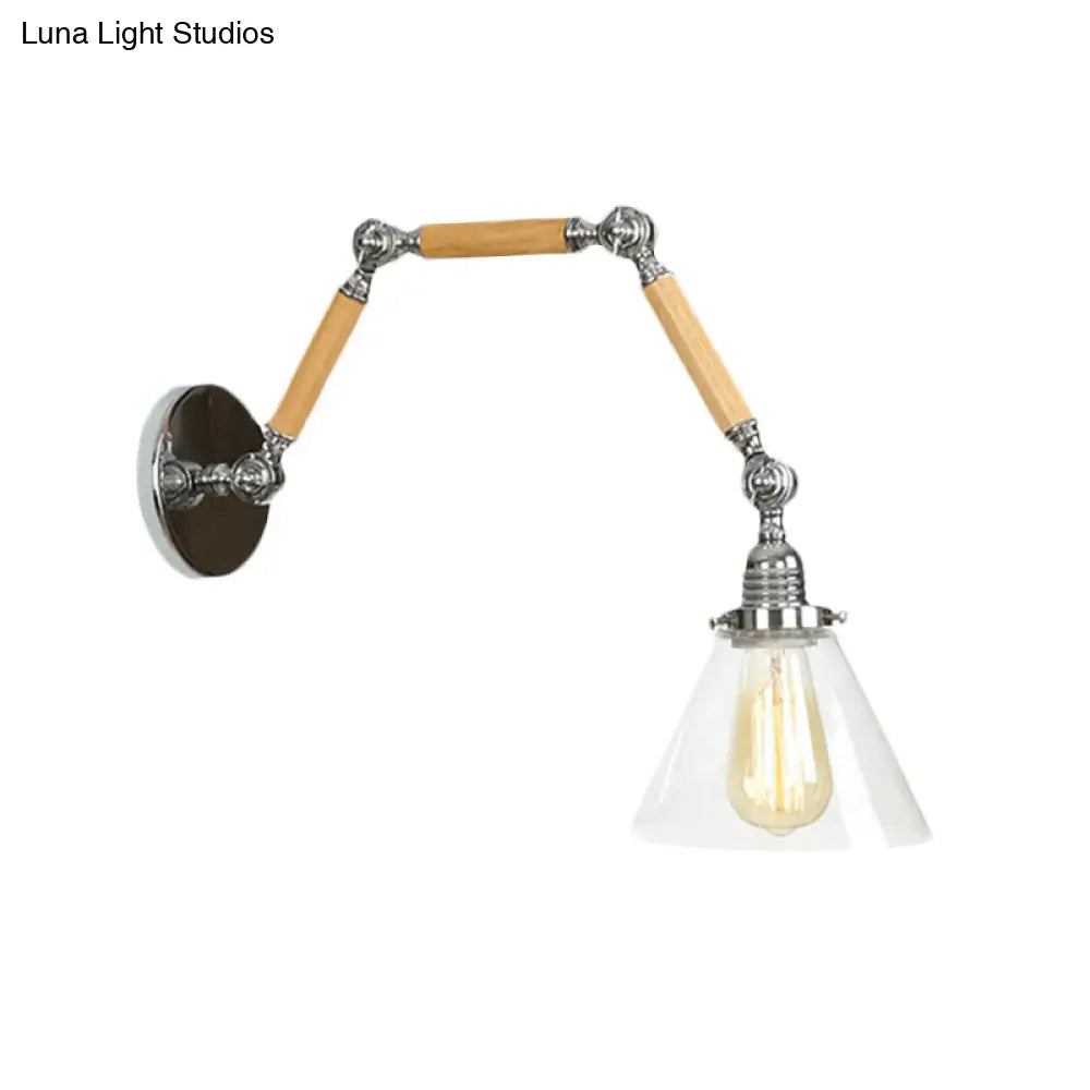 1 Bulb Industrial Cone Wall Light Fixture With Clear Glass And Chrome Finish - Ideal For Living Room