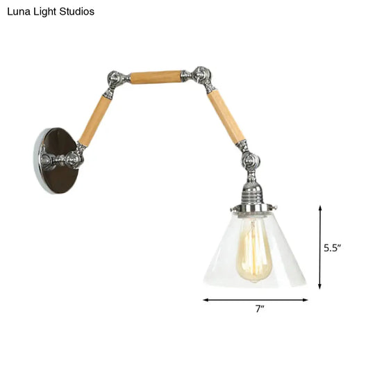 1 Bulb Industrial Cone Wall Light Fixture With Clear Glass And Chrome Finish - Ideal For Living Room