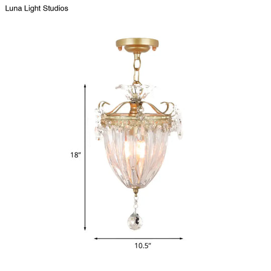 1 - Bulb Semi Flush Gold Ceiling Light With Traditional Ribbed Crystal Bell Design