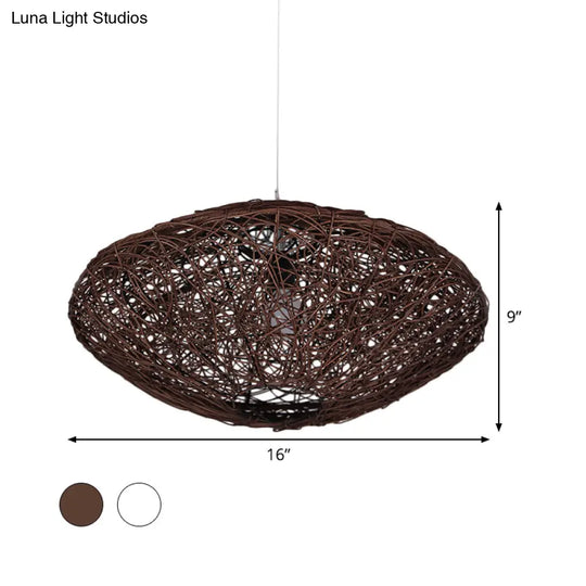 1-Head Asian Teahouse Hanging Light - Black/White Pendant Lighting Fixture With Rattan Lantern Shade
