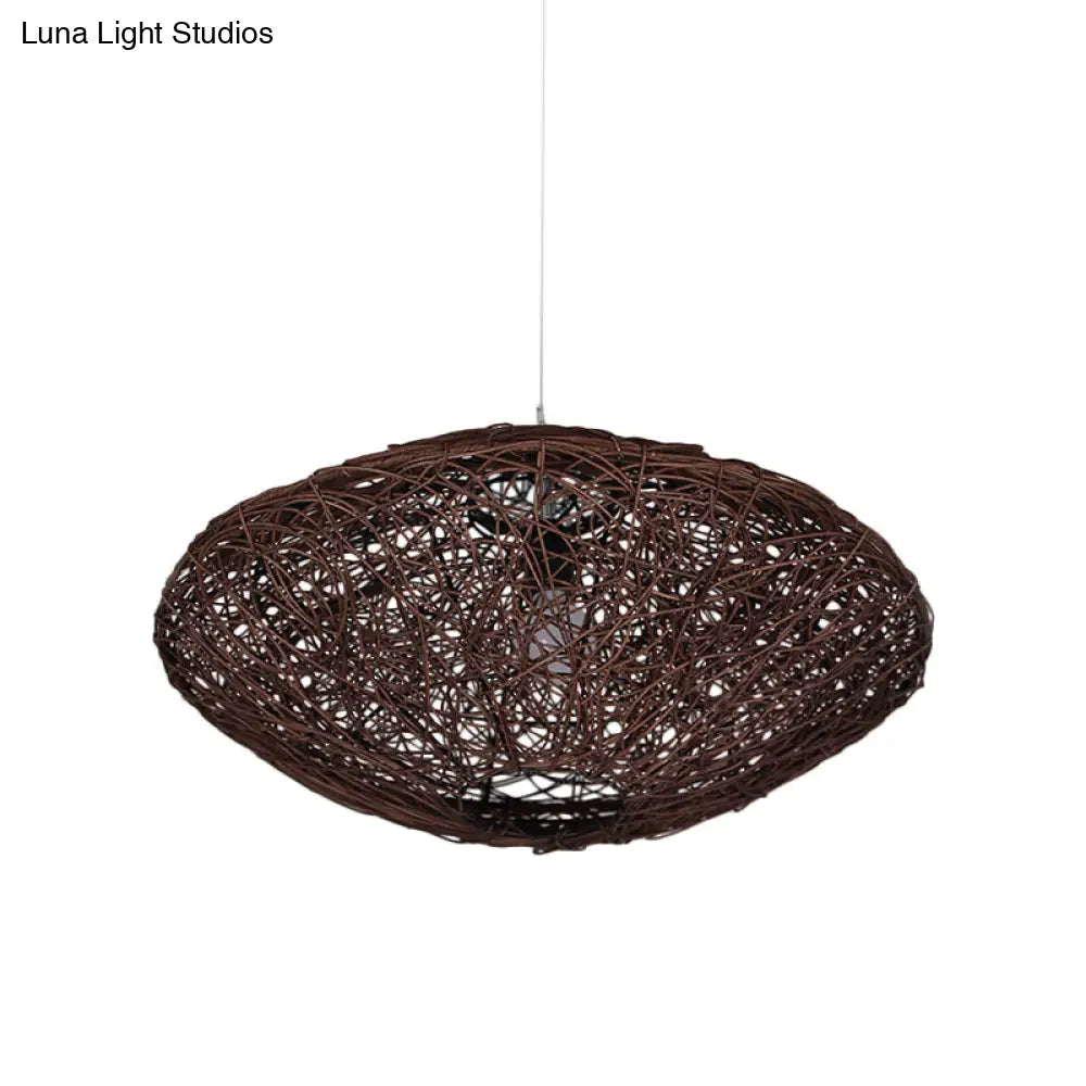 1-Head Asian Teahouse Hanging Light - Black/White Pendant Lighting Fixture With Rattan Lantern Shade
