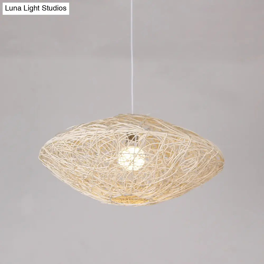 1-Head Asian Teahouse Hanging Light - Black/White Pendant Lighting Fixture With Rattan Lantern Shade