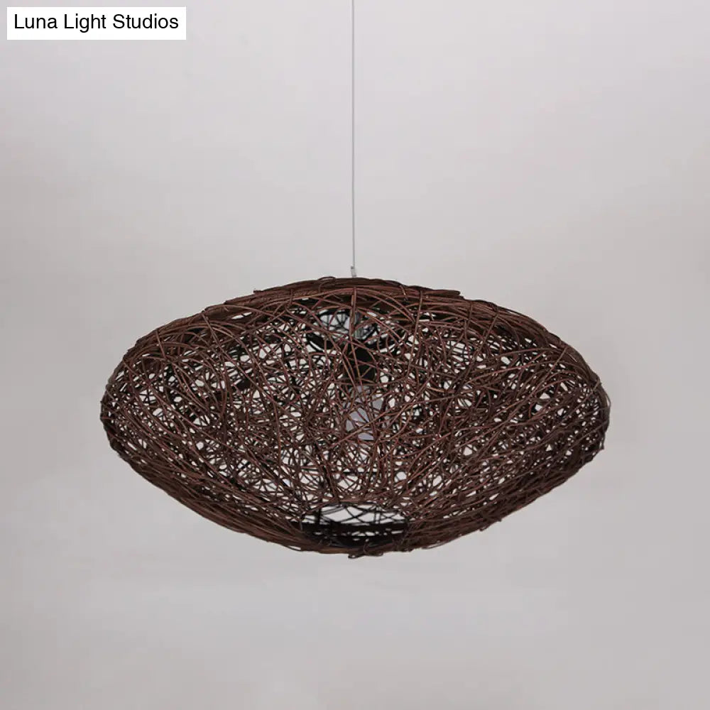 1-Head Asian Teahouse Hanging Light - Black/White Pendant Lighting Fixture With Rattan Lantern Shade