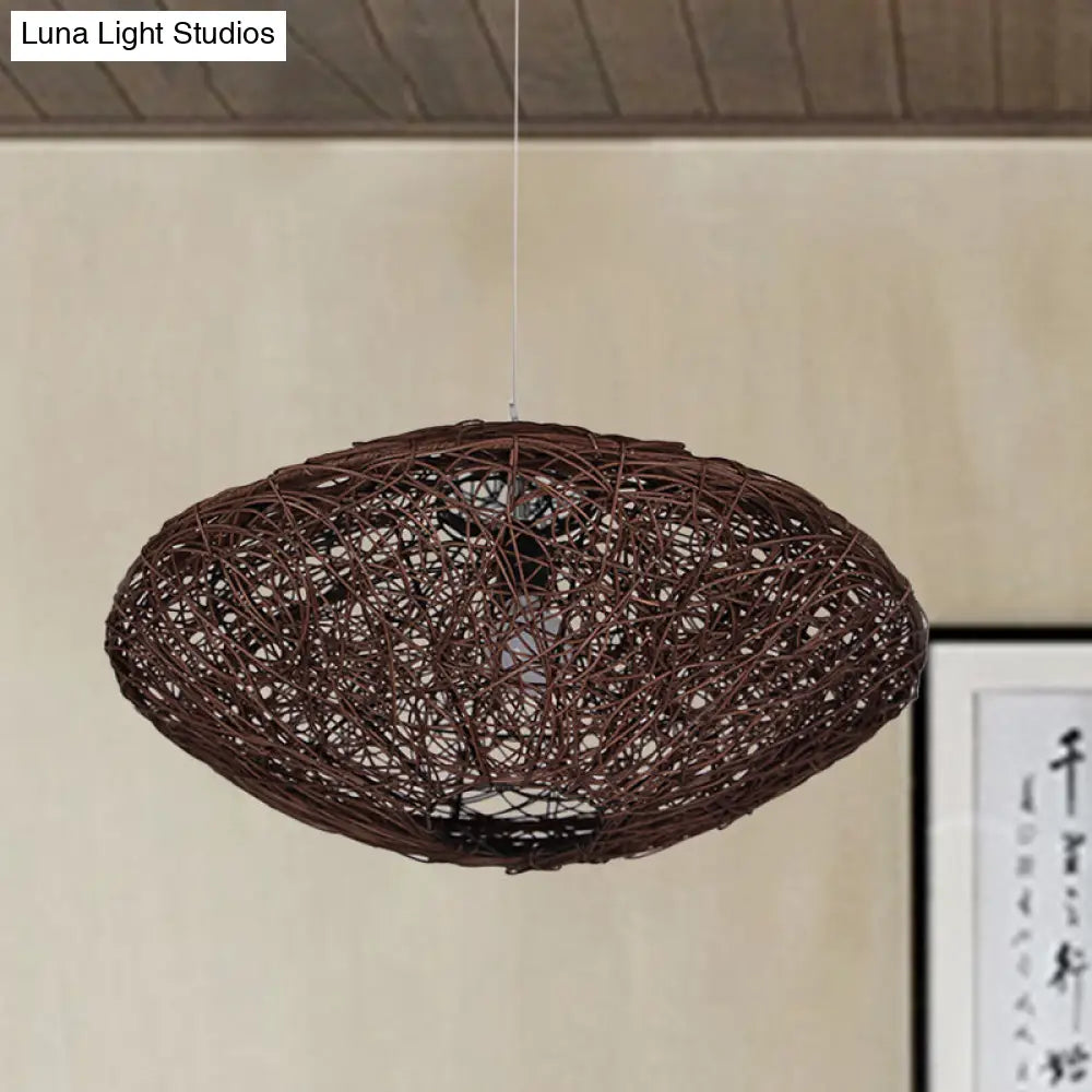 1-Head Asian Teahouse Hanging Light - Black/White Pendant Lighting Fixture With Rattan Lantern Shade