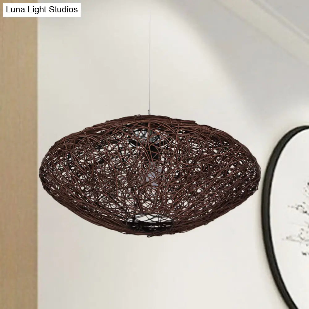 1-Head Asian Teahouse Hanging Light - Black/White Pendant Lighting Fixture With Rattan Lantern Shade