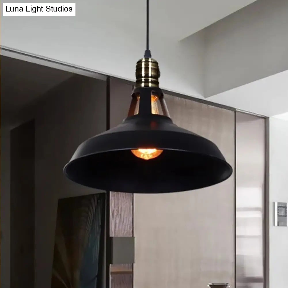 1-Head Barn Pendant Lighting - Industrial Black/White Metallic Suspension Light 10.5/12/15 Inch Dia