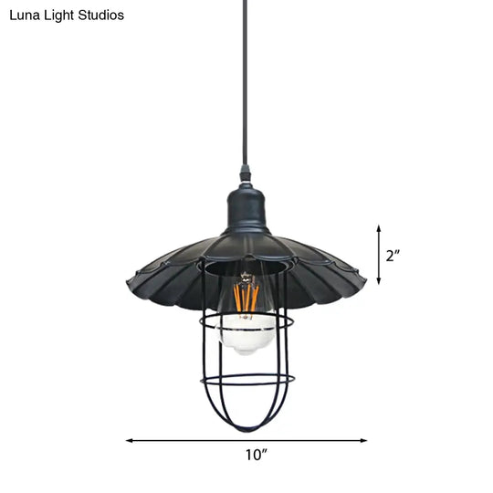 1 Head Black Metal Wire Guard Pendant Light With Nautical Scalloped Shade For Stylish Restaurant