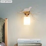 1-Head White Glass Wall Lamp For Bedroom - Loft Cylinder Lighting With Bird Accent