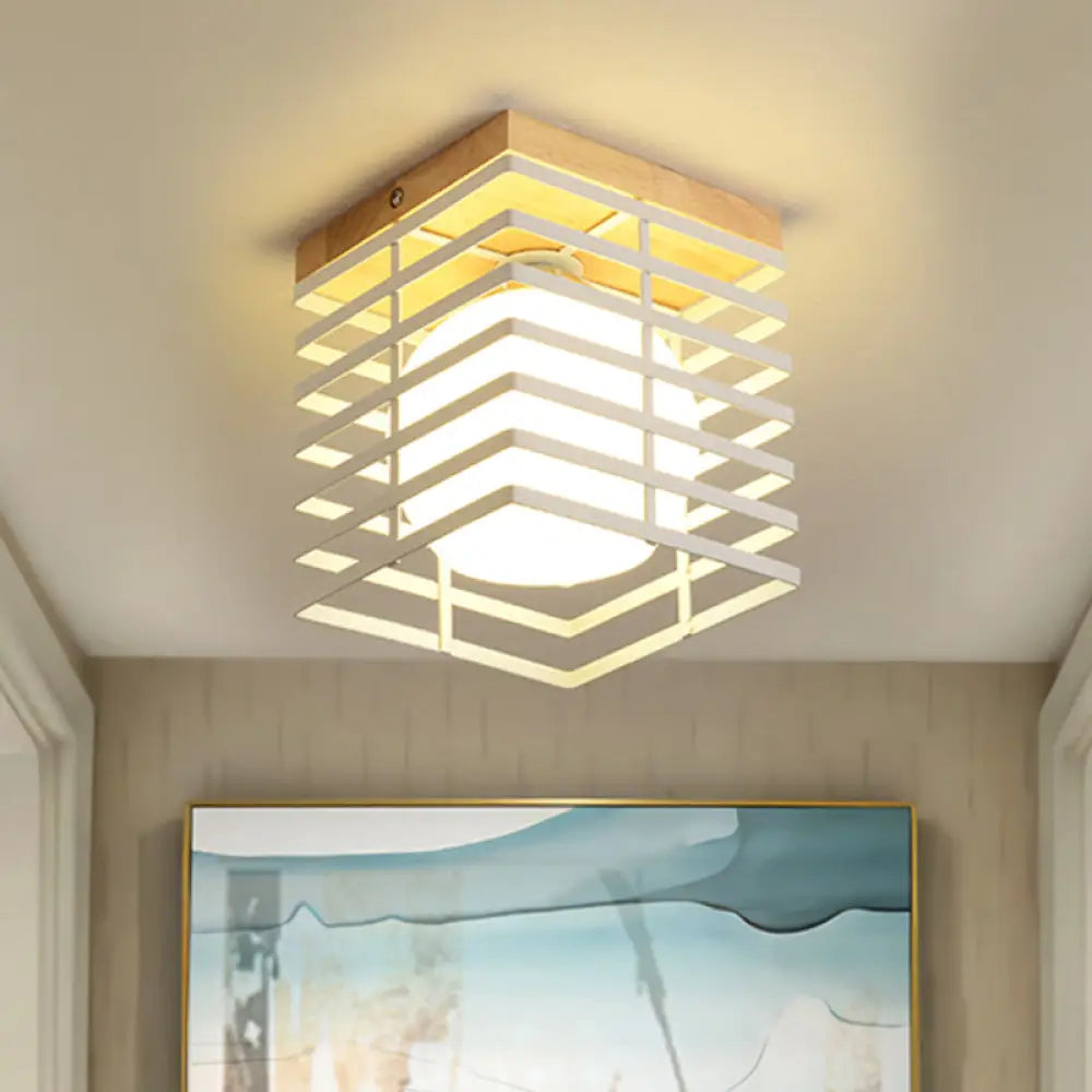 1-Light Black/White Metal Square Flush Mount Pendant Fixture For Corridor Ceiling White