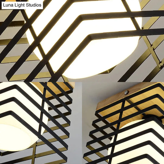 1-Light Black/White Metal Square Flush Mount Pendant Fixture For Corridor Ceiling