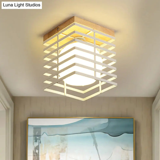 1-Light Black/White Metal Square Flush Mount Pendant Fixture For Corridor Ceiling White