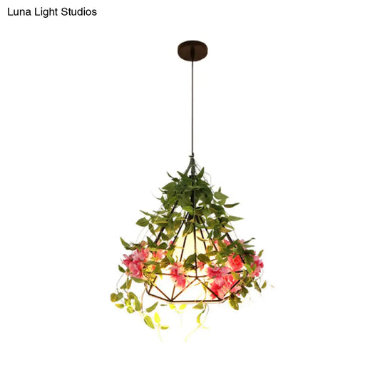1-Light Diamond Cage Pendant Hanging Light Fixture - White/Red With Artificial Floral Deco For