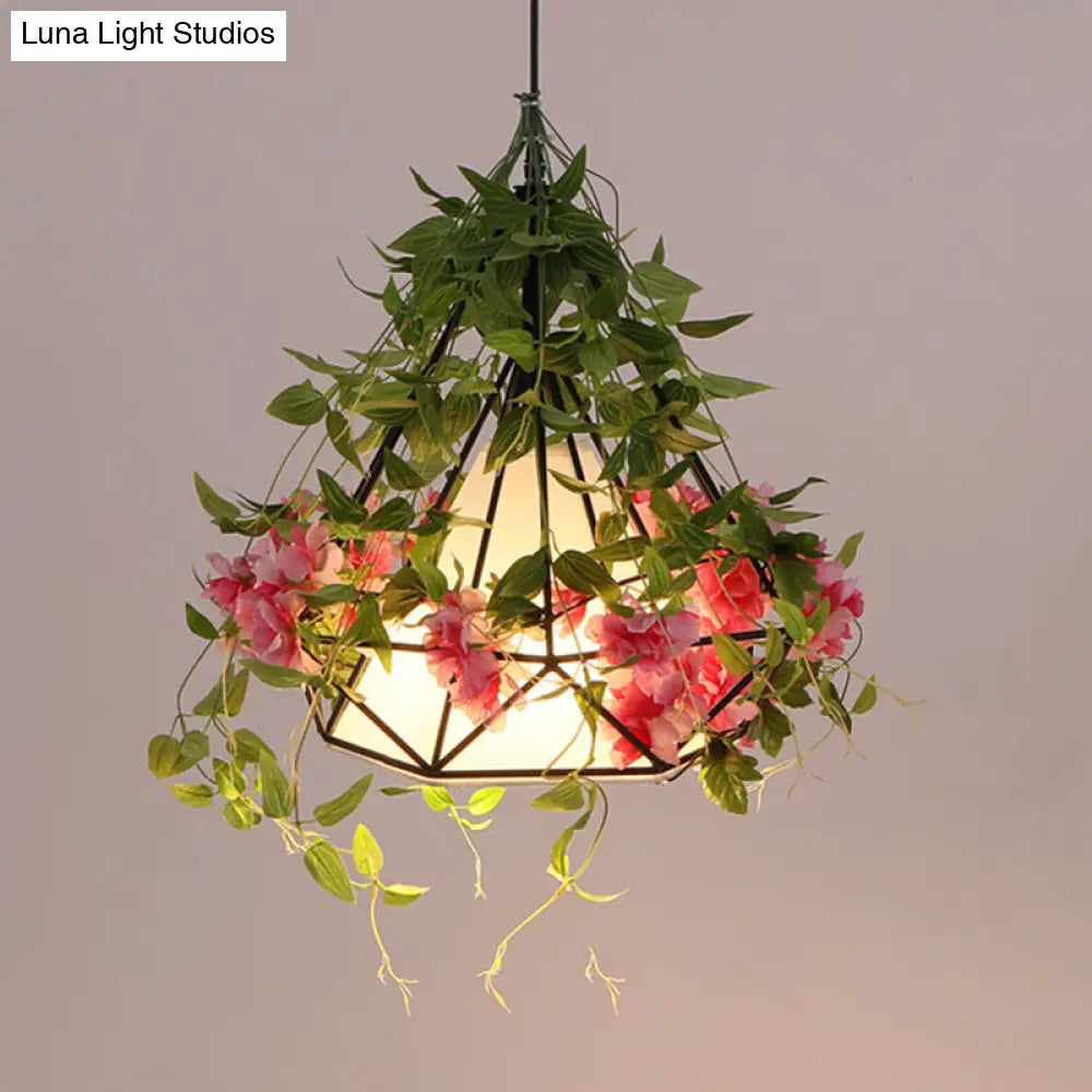 1-Light Diamond Cage Pendant Hanging Light Fixture - White/Red With Artificial Floral Deco For