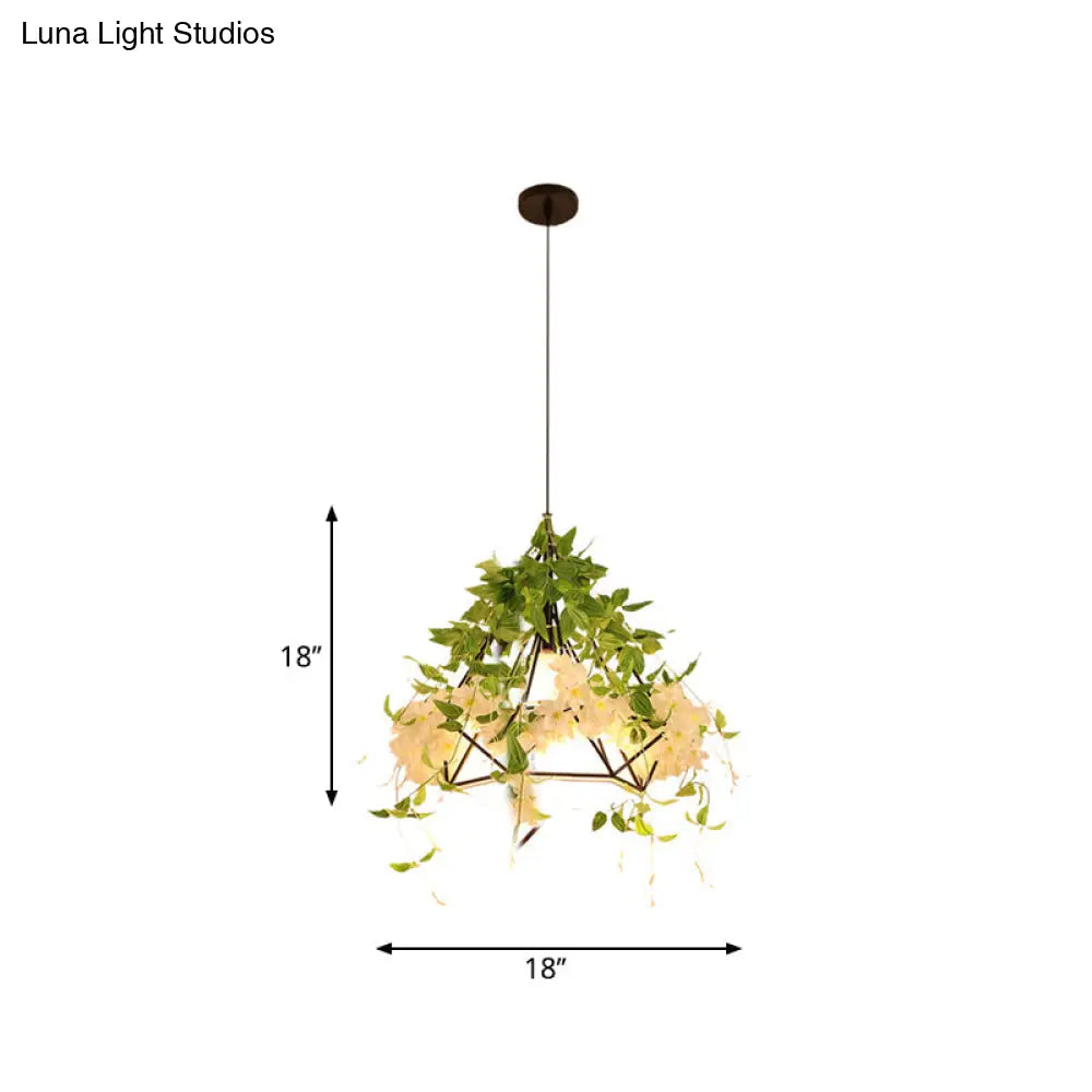 1-Light Diamond Cage Pendant Hanging Light Fixture - White/Red With Artificial Floral Deco For