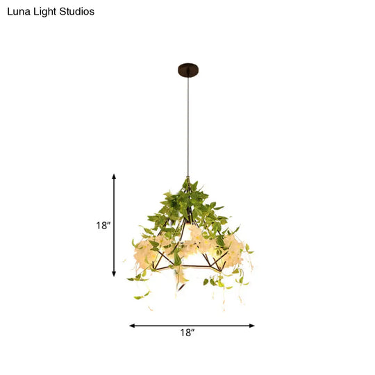 1-Light Diamond Cage Pendant Hanging Light Fixture - White/Red With Artificial Floral Deco For