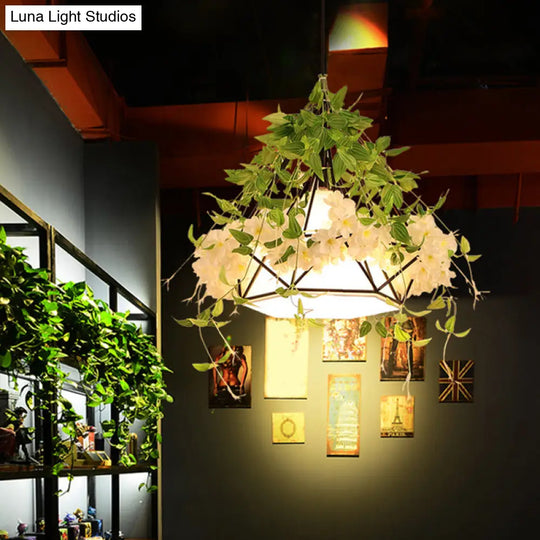 1-Light Diamond Cage Pendant Hanging Light Fixture - White/Red With Artificial Floral Deco For
